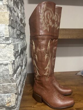 Over-the-Knee thigh high Brown faux Leather Western cowgirl Boots NEW SZ 9 (40)